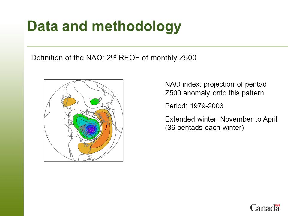 Data and methodology Definition of the NAO: 2 nd REOF of monthly Z500 NAO index: projection of pentad Z500 anomaly onto this pattern Period: Extended winter, November to April (36 pentads each winter)
