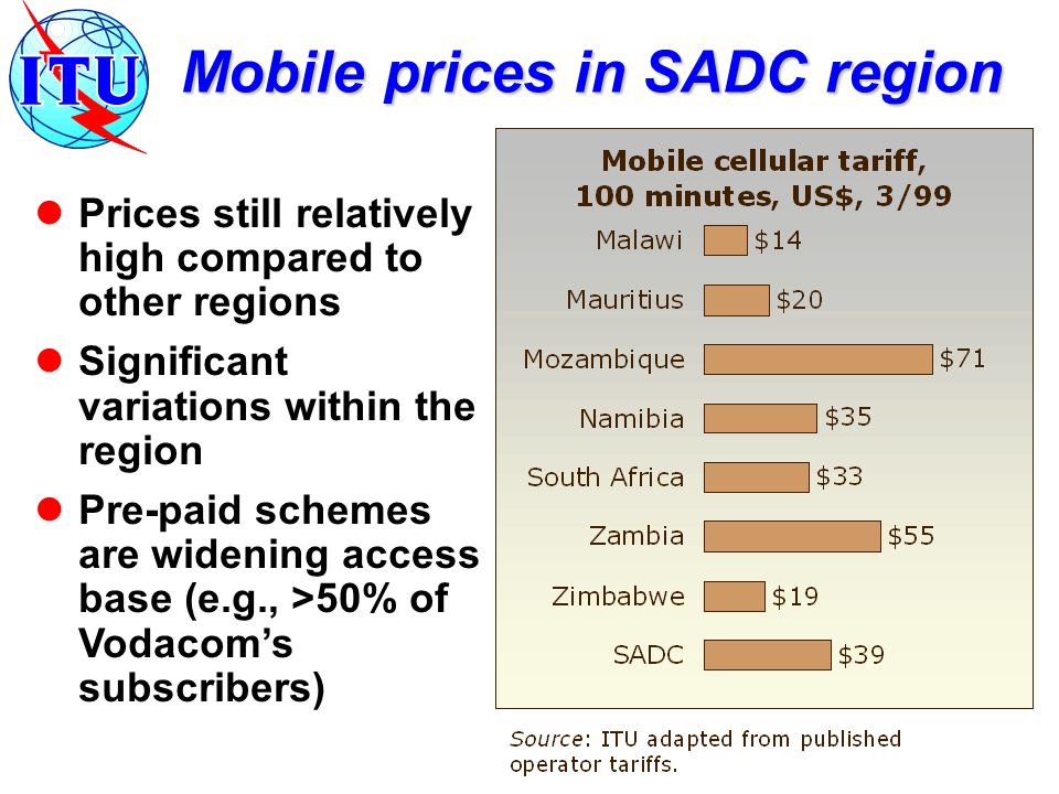 Mobile prices in SADC region Prices still relatively high compared to other regions Significant variations within the region Pre-paid schemes are widening access base (e.g., >50% of Vodacoms subscribers)