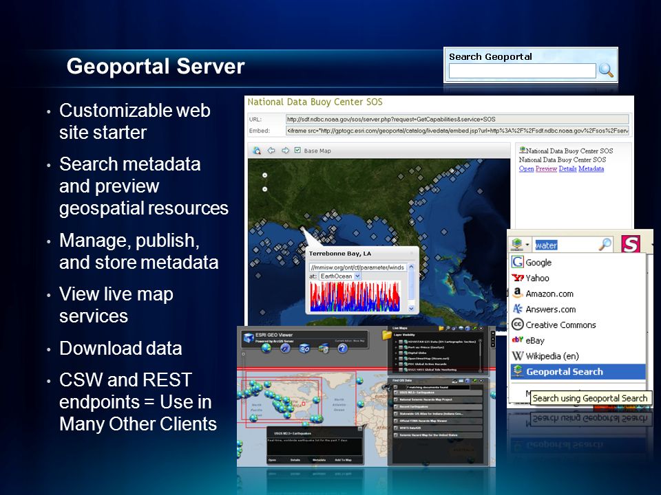 Geoportal Server Customizable web site starter Search metadata and preview geospatial resources Manage, publish, and store metadata View live map services Download data CSW and REST endpoints = Use in Many Other Clients