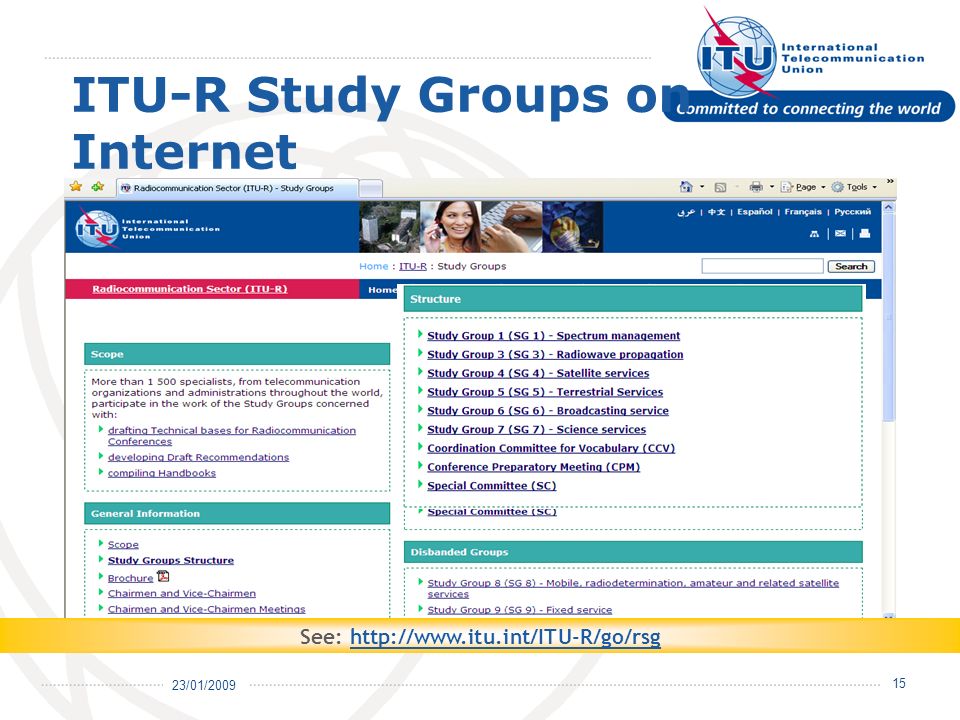 23/01/ ITU-R Study Groups on Internet See: