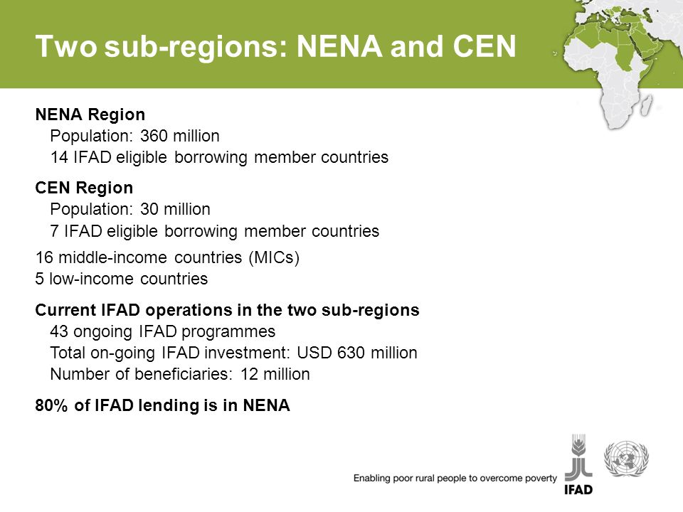 Two sub-regions: NENA and CEN NENA Region Population: 360 million 14 IFAD eligible borrowing member countries CEN Region Population: 30 million 7 IFAD eligible borrowing member countries 16 middle-income countries (MICs) 5 low-income countries Current IFAD operations in the two sub-regions 43 ongoing IFAD programmes Total on-going IFAD investment: USD 630 million Number of beneficiaries: 12 million 80% of IFAD lending is in NENA