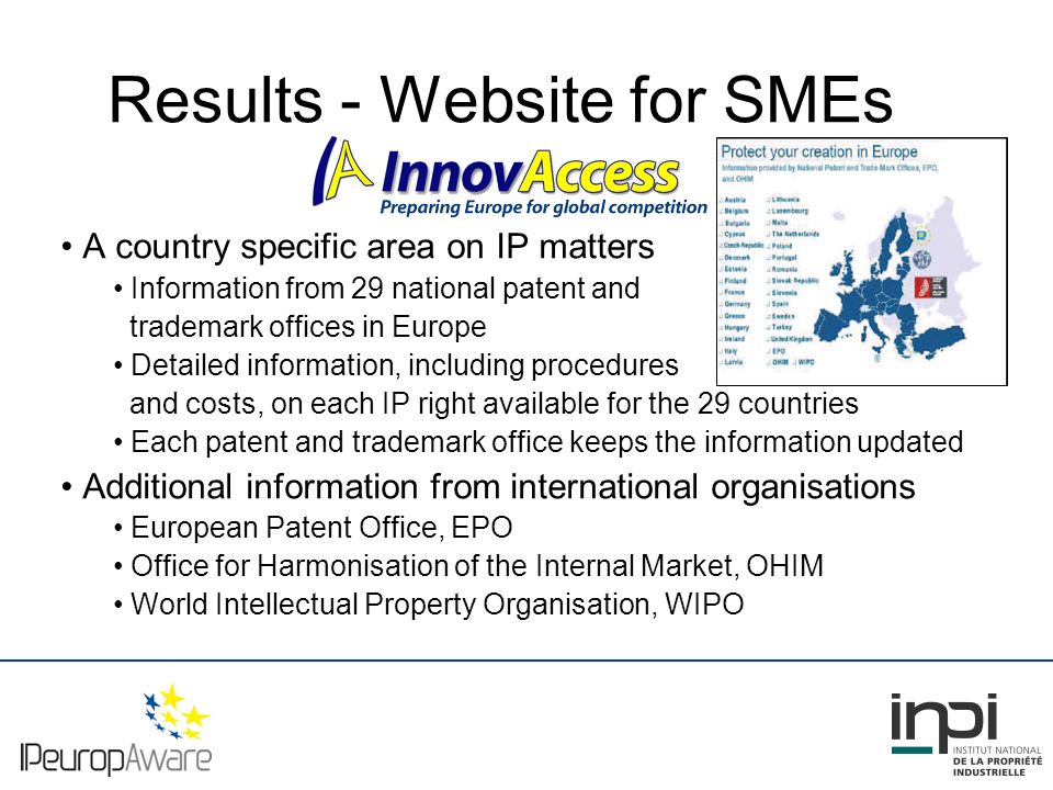 Results - Website for SMEs A country specific area on IP matters Information from 29 national patent and trademark offices in Europe Detailed information, including procedures and costs, on each IP right available for the 29 countries Each patent and trademark office keeps the information updated Additional information from international organisations European Patent Office, EPO Office for Harmonisation of the Internal Market, OHIM World Intellectual Property Organisation, WIPO