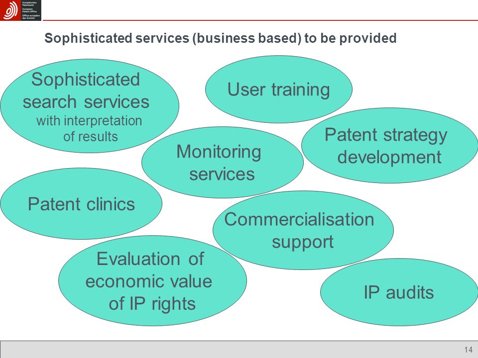 14 Sophisticated services (business based) to be provided Patent strategy development Sophisticated search services with interpretation of results Monitoring services Evaluation of economic value of IP rights User training Commercialisation support Patent clinics IP audits
