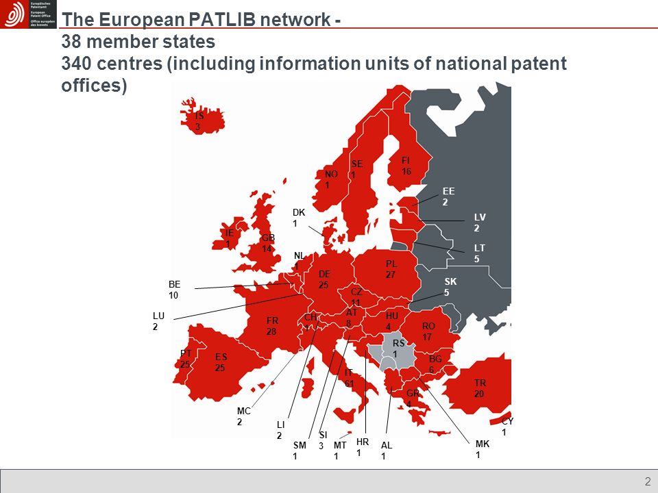 2 The European PATLIB network - 38 member states 340 centres (including information units of national patent offices) IS 3 NO 1 SE 1 AT 8 FR 28 DE 25 PL 27 ES 25 PT 25 SM 1 IT 61 FI 16 EE 2 GR 4 CH 1 CZ 11 TR 20 AL 1 HR 1 HU 4 RO 17 MK 1 BG 6 SI 3 SK 5 DK 1 GB 14 IE 1 LV 2 LT 5 NL 1 BE 10 CY 1 MT 1 LU 2 MC 2 LI 2 RS 1