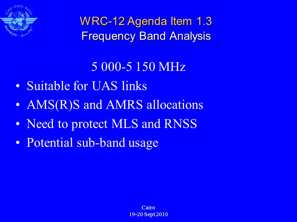 Cairo Sept 2010 WRC-12 Agenda Item 1.3 Frequency Band Analysis MHz Suitable for UAS links AMS(R)S and AMRS allocations Need to protect MLS and RNSS Potential sub-band usage