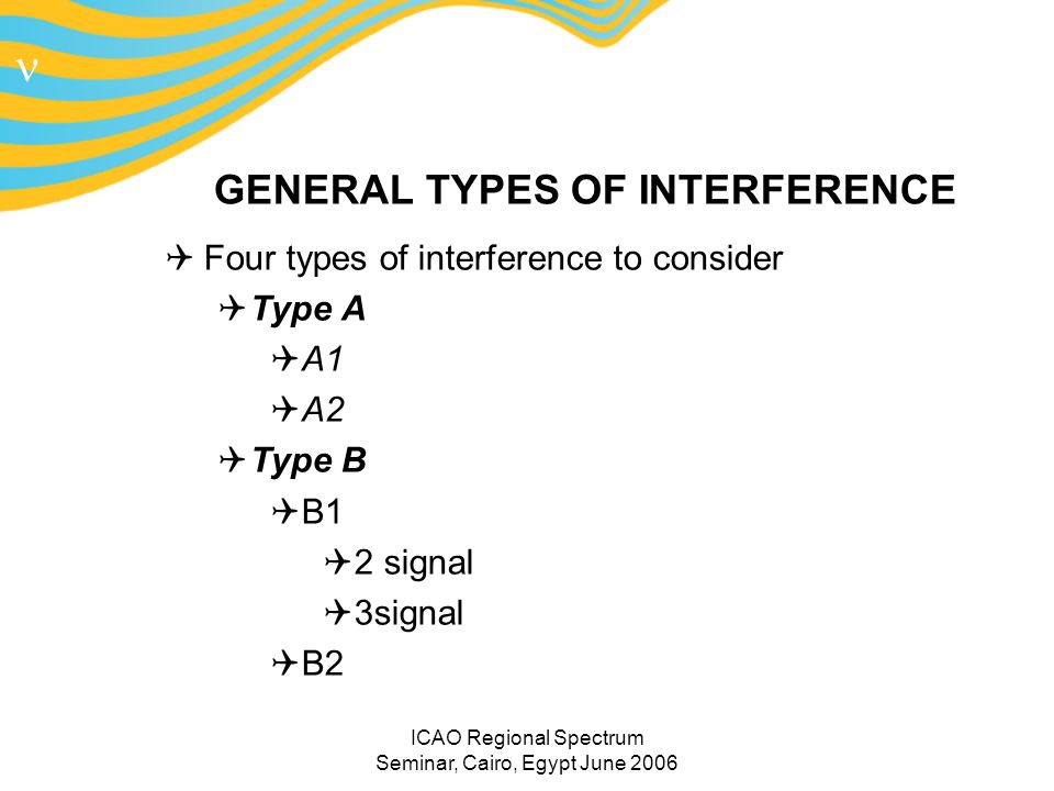 n ICAO Regional Spectrum Seminar, Cairo, Egypt June 2006 GENERAL TYPES OF INTERFERENCE Four types of interference to consider Type A A1 A2 Type B B1 2 signal 3signal B2