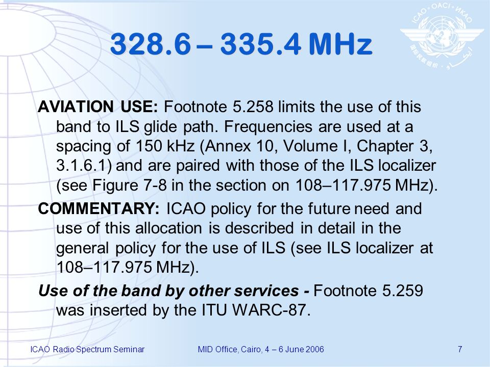 ICAO Radio Spectrum SeminarMID Office, Cairo, 4 – 6 June – MHz AVIATION USE: Footnote limits the use of this band to ILS glide path.