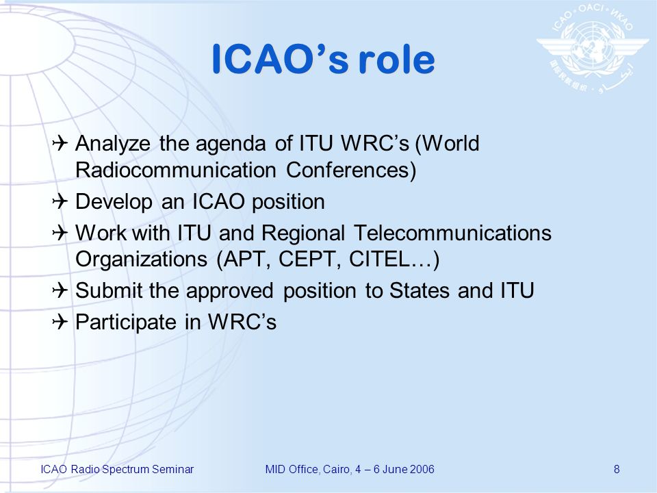 ICAO Radio Spectrum SeminarMID Office, Cairo, 4 – 6 June ICAOs role Analyze the agenda of ITU WRCs (World Radiocommunication Conferences) Develop an ICAO position Work with ITU and Regional Telecommunications Organizations (APT, CEPT, CITEL…) Submit the approved position to States and ITU Participate in WRCs