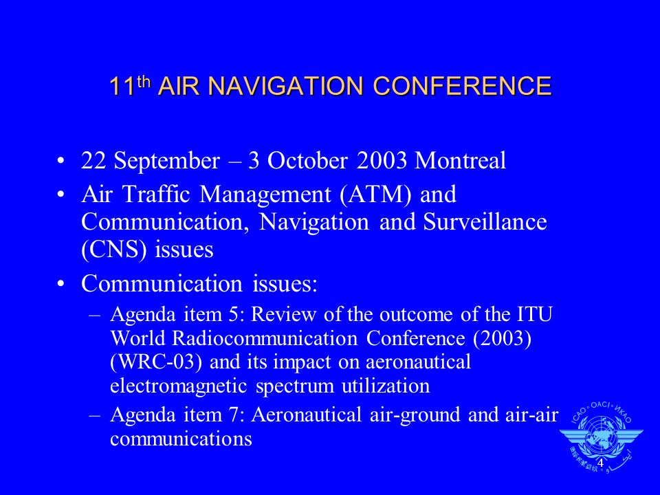 4 11 th AIR NAVIGATION CONFERENCE 22 September – 3 October 2003 Montreal Air Traffic Management (ATM) and Communication, Navigation and Surveillance (CNS) issues Communication issues: –Agenda item 5: Review of the outcome of the ITU World Radiocommunication Conference (2003) (WRC-03) and its impact on aeronautical electromagnetic spectrum utilization –Agenda item 7: Aeronautical air-ground and air-air communications