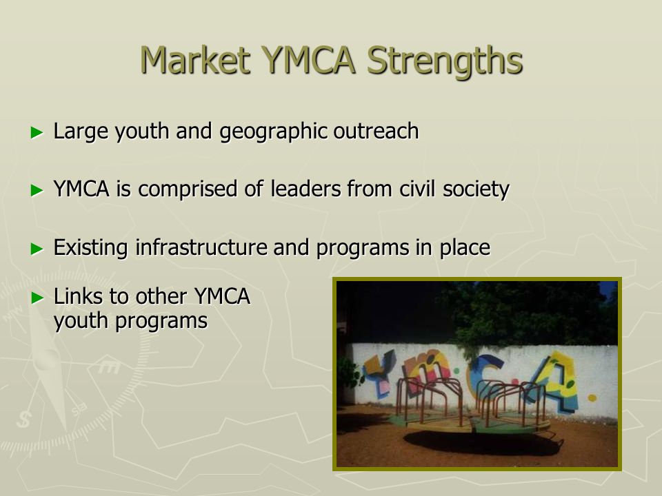 Market YMCA Strengths Large youth and geographic outreach Large youth and geographic outreach YMCA is comprised of leaders from civil society YMCA is comprised of leaders from civil society Existing infrastructure and programs in place Existing infrastructure and programs in place Links to other YMCA youth programs Links to other YMCA youth programs