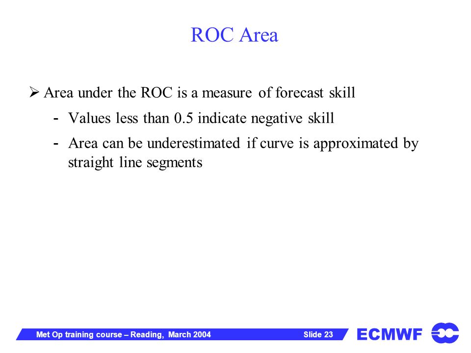 ECMWF Slide 23Met Op training course – Reading, March 2004 ROC Area Area under the ROC is a measure of forecast skill - Values less than 0.5 indicate negative skill - Area can be underestimated if curve is approximated by straight line segments