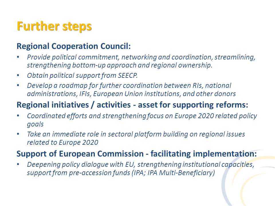 Further steps Regional Cooperation Council: Provide political commitment, networking and coordination, streamlining, strengthening bottom-up approach and regional ownership.