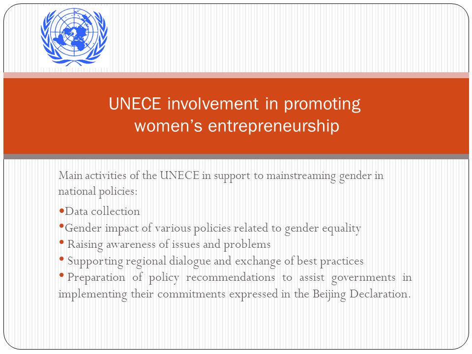 Main activities of the UNECE in support to mainstreaming gender in national policies: Data collection Gender impact of various policies related to gender equality Raising awareness of issues and problems Supporting regional dialogue and exchange of best practices Preparation of policy recommendations to assist governments in implementing their commitments expressed in the Beijing Declaration.