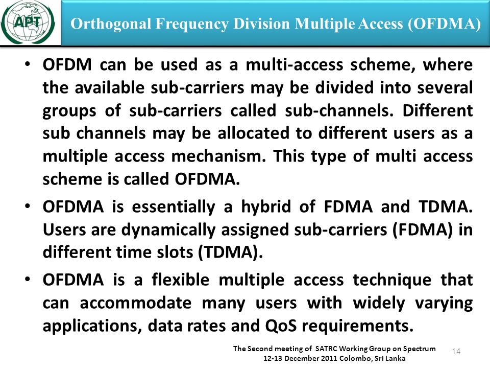 Orthogonal Frequency Division Multiple Access (OFDMA) OFDM can be used as a multi-access scheme, where the available sub-carriers may be divided into several groups of sub-carriers called sub-channels.