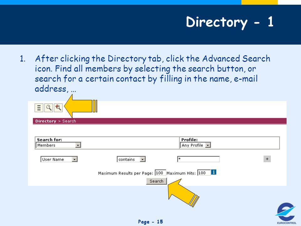 Click to edit Master title style Page - 15 Directory After clicking the Directory tab, click the Advanced Search icon.