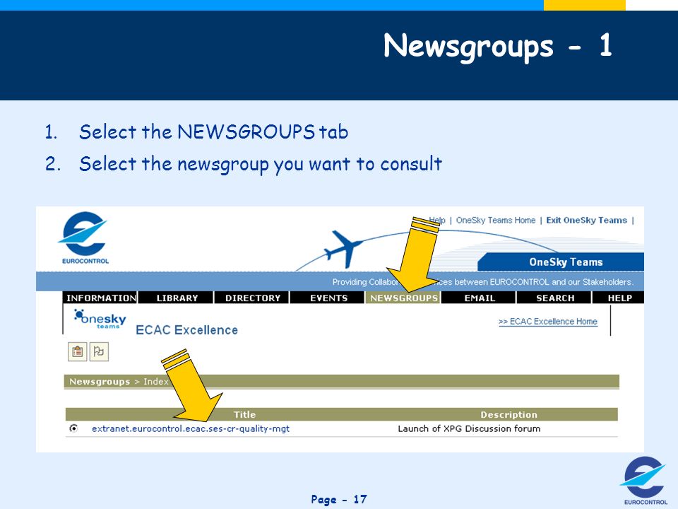 Click to edit Master title style Page Select the NEWSGROUPS tab 2.Select the newsgroup you want to consult Newsgroups - 1