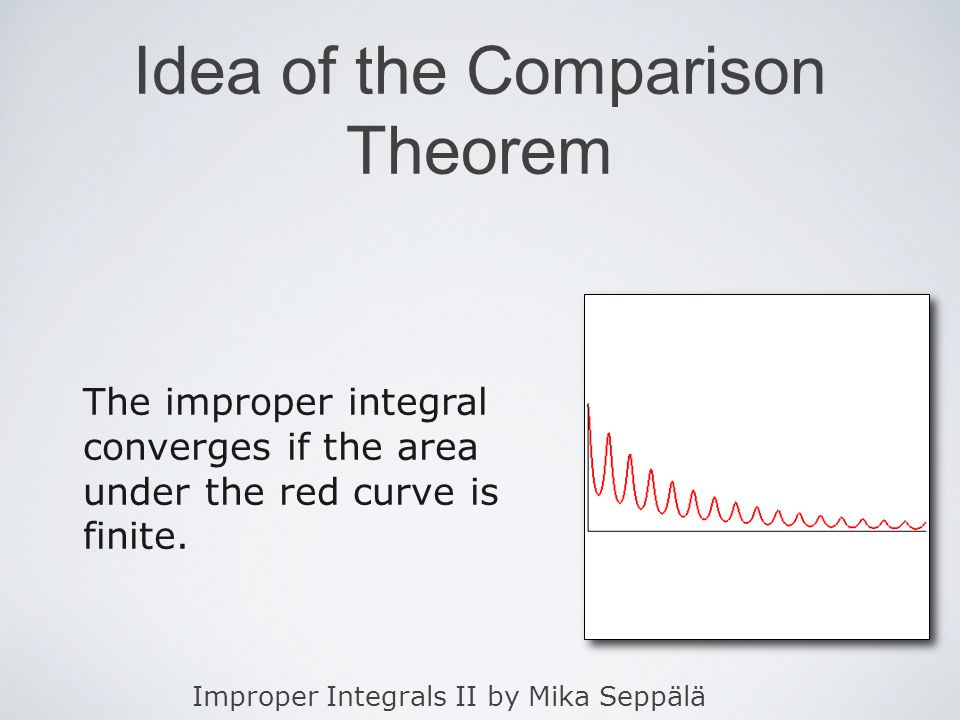 Improper Integrals II by Mika Seppälä Idea of the Comparison Theorem The improper integral converges if the area under the red curve is finite.