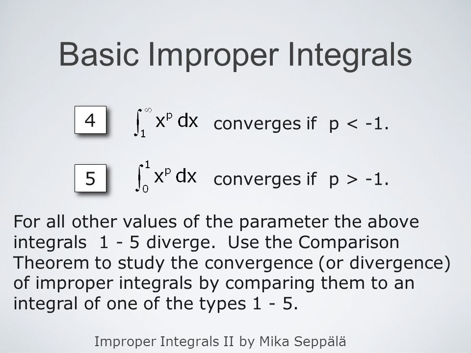 Improper Integrals II by Mika Seppälä Basic Improper Integrals 4 4 converges if p < -1.
