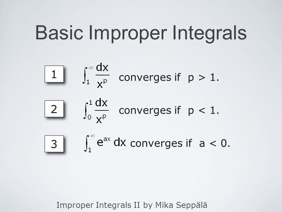 Improper Integrals II by Mika Seppälä Basic Improper Integrals 1 1 converges if p > 1.