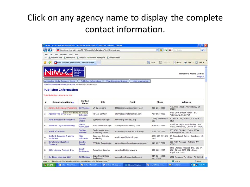 Click on any agency name to display the complete contact information.