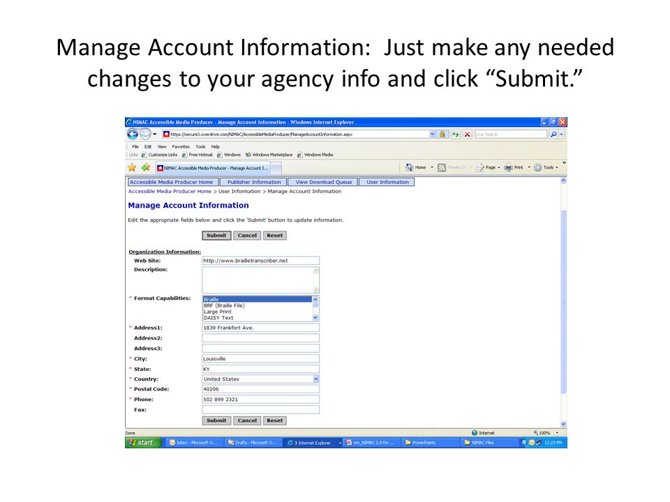 Manage Account Information: Just make any needed changes to your agency info and click Submit.