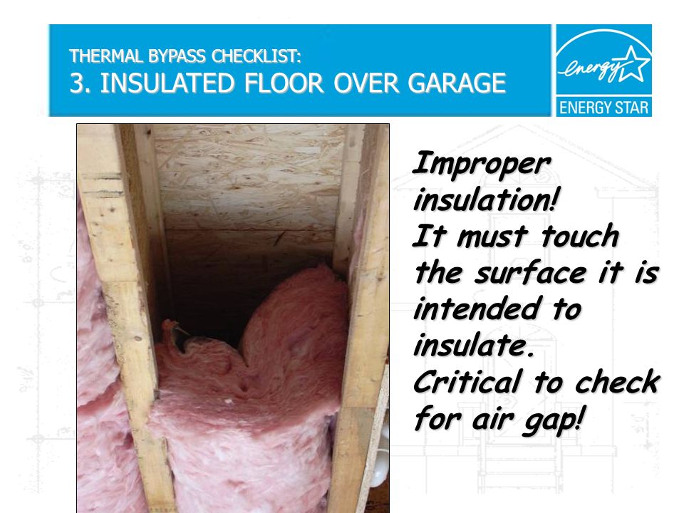 THERMAL BYPASS CHECKLIST: 3. INSULATED FLOOR OVER GARAGE Improper insulation.