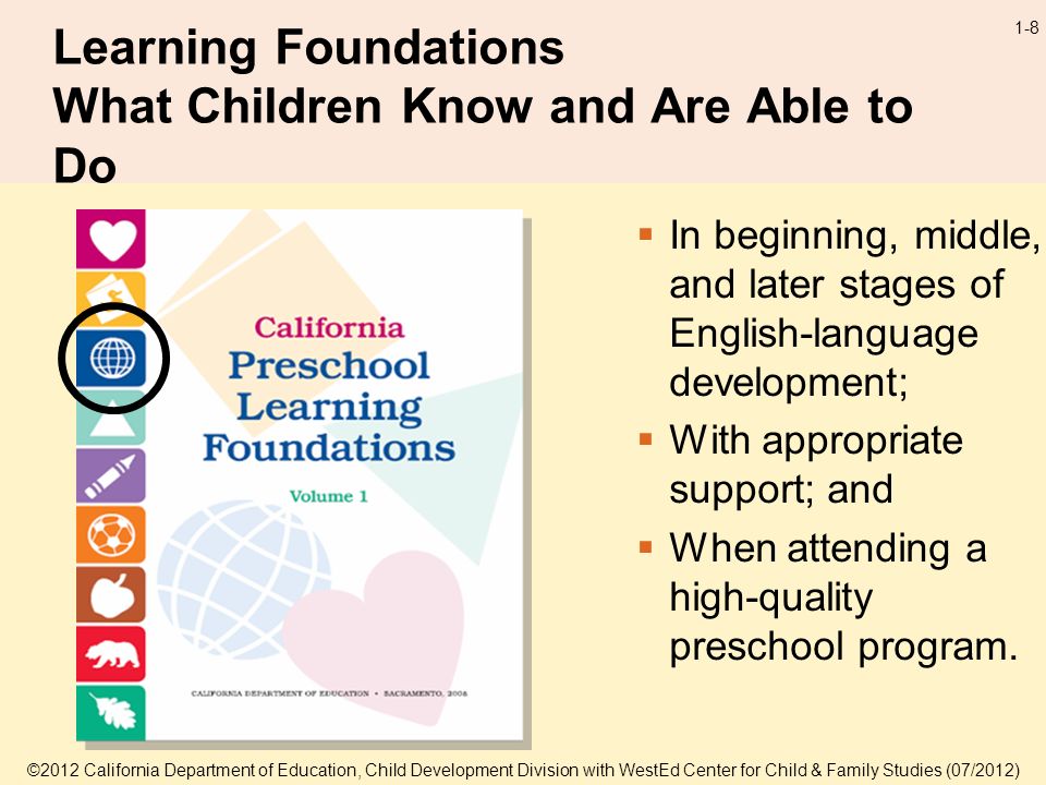 ©2012 California Department of Education, Child Development Division with WestEd Center for Child & Family Studies (07/2012) 1-8 Learning Foundations What Children Know and Are Able to Do In beginning, middle, and later stages of English-language development; With appropriate support; and When attending a high-quality preschool program.