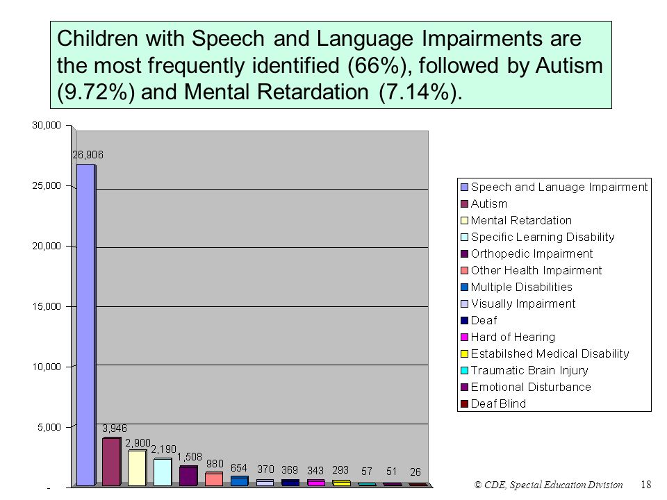 Children with Speech and Language Impairments are the most frequently identified (66%), followed by Autism (9.72%) and Mental Retardation (7.14%).