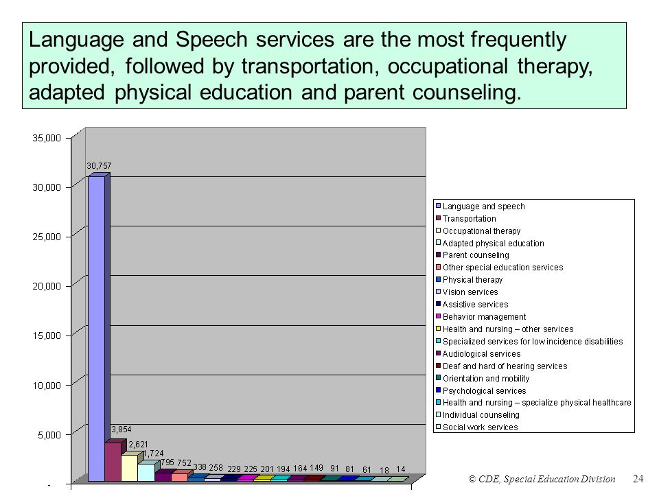 Language and Speech services are the most frequently provided, followed by transportation, occupational therapy, adapted physical education and parent counseling.