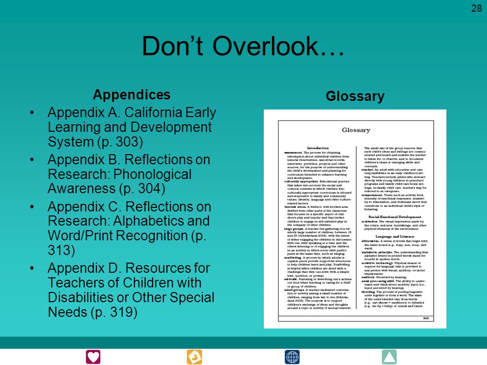 28 Dont Overlook… Appendices Appendix A. California Early Learning and Development System (p.