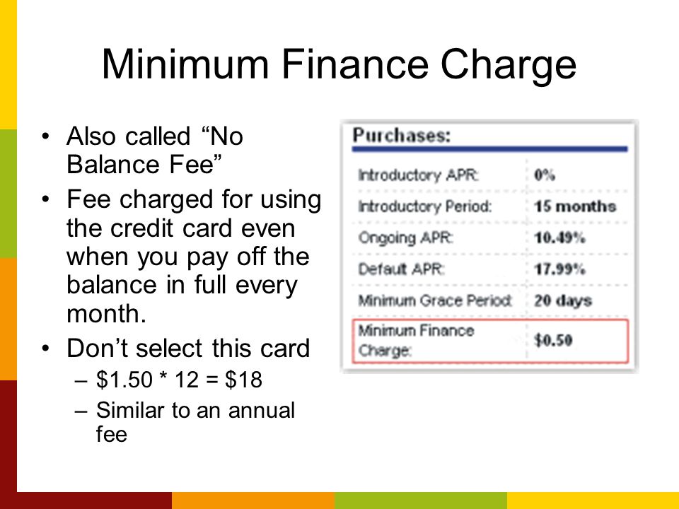 Minimum Finance Charge Also called No Balance Fee Fee charged for using the credit card even when you pay off the balance in full every month.