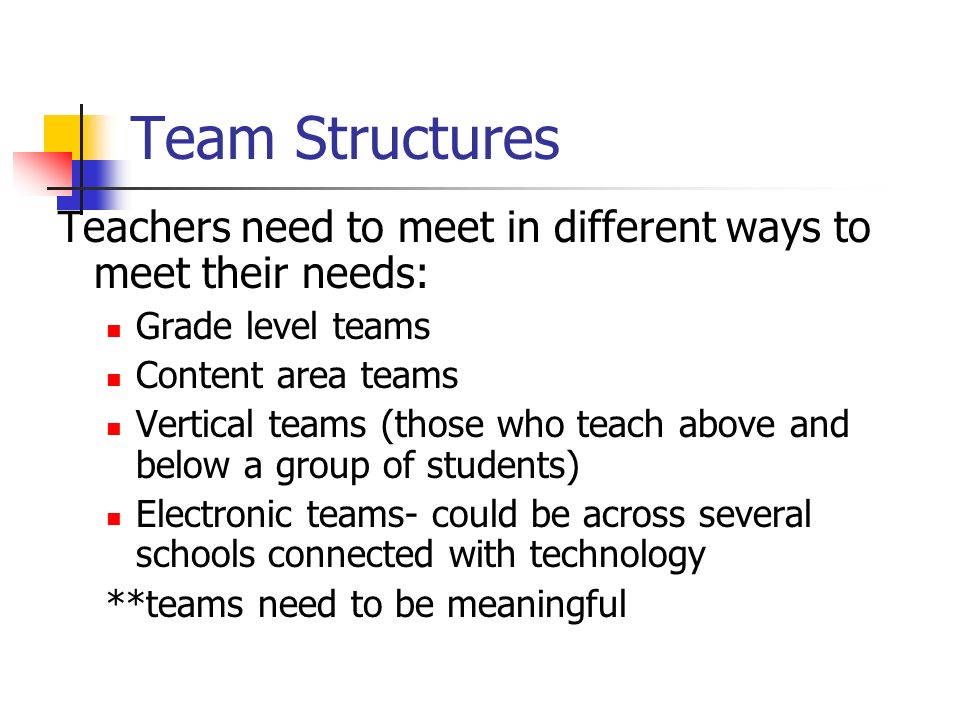 Team Structures Teachers need to meet in different ways to meet their needs: Grade level teams Content area teams Vertical teams (those who teach above and below a group of students) Electronic teams- could be across several schools connected with technology **teams need to be meaningful