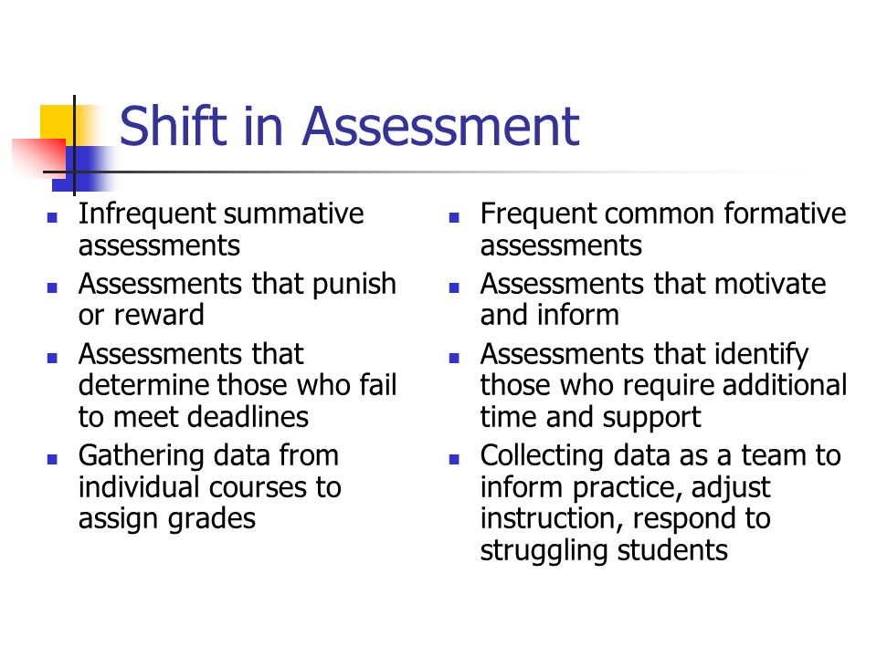 Shift in Assessment Infrequent summative assessments Assessments that punish or reward Assessments that determine those who fail to meet deadlines Gathering data from individual courses to assign grades Frequent common formative assessments Assessments that motivate and inform Assessments that identify those who require additional time and support Collecting data as a team to inform practice, adjust instruction, respond to struggling students