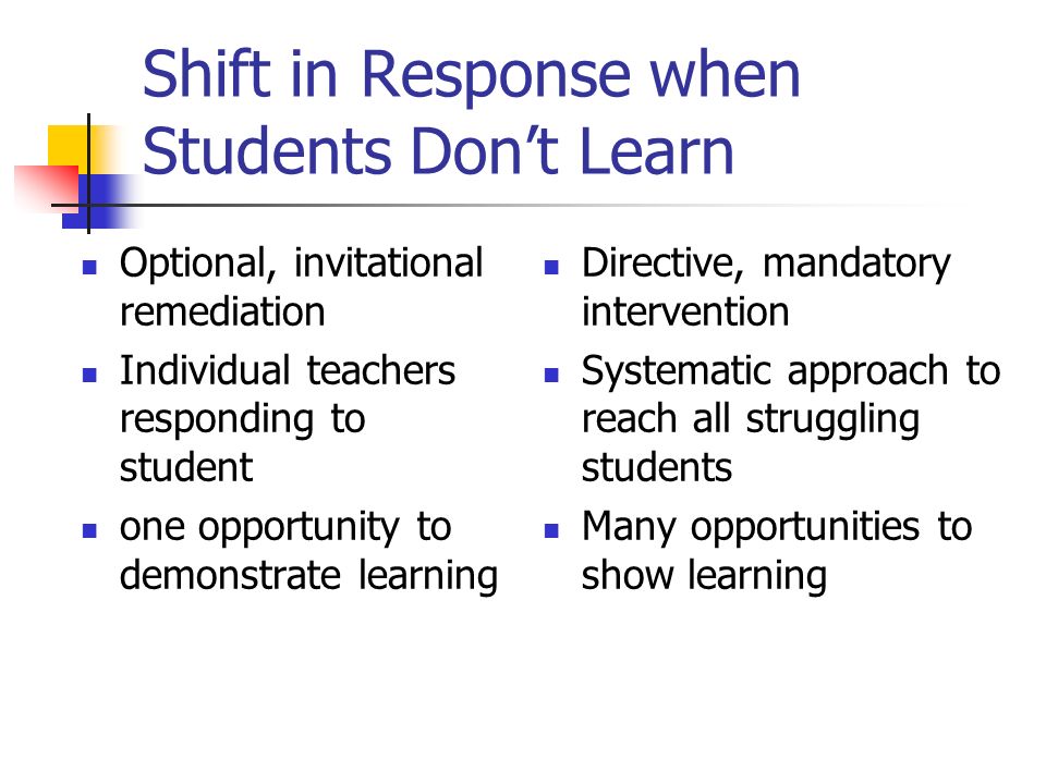 Shift in Response when Students Dont Learn Optional, invitational remediation Individual teachers responding to student one opportunity to demonstrate learning Directive, mandatory intervention Systematic approach to reach all struggling students Many opportunities to show learning