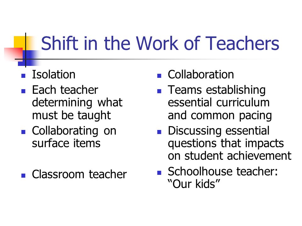Shift in the Work of Teachers Isolation Each teacher determining what must be taught Collaborating on surface items Classroom teacher Collaboration Teams establishing essential curriculum and common pacing Discussing essential questions that impacts on student achievement Schoolhouse teacher: Our kids