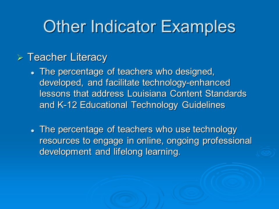 Other Indicator Examples Teacher Literacy Teacher Literacy The percentage of teachers who designed, developed, and facilitate technology-enhanced lessons that address Louisiana Content Standards and K-12 Educational Technology Guidelines The percentage of teachers who designed, developed, and facilitate technology-enhanced lessons that address Louisiana Content Standards and K-12 Educational Technology Guidelines The percentage of teachers who use technology resources to engage in online, ongoing professional development and lifelong learning.