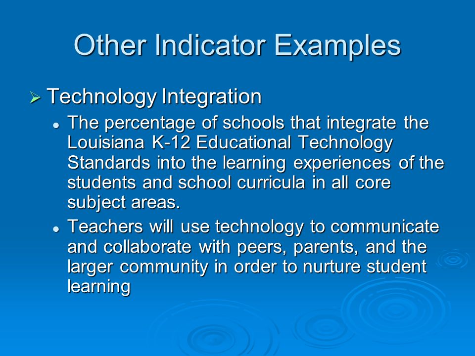 Other Indicator Examples Technology Integration Technology Integration The percentage of schools that integrate the Louisiana K-12 Educational Technology Standards into the learning experiences of the students and school curricula in all core subject areas.