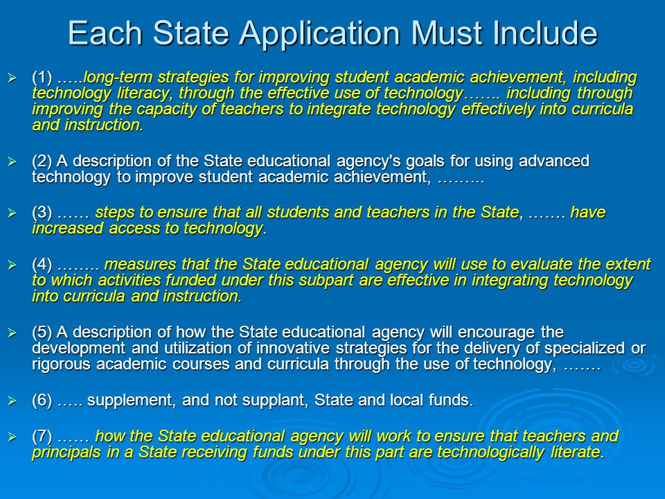 Each State Application Must Include (1) …..long-term strategies for improving student academic achievement, including technology literacy, through the effective use of technology…….