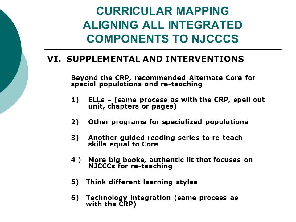 CURRICULAR MAPPING ALIGNING ALL INTEGRATED COMPONENTS TO NJCCCS VI.
