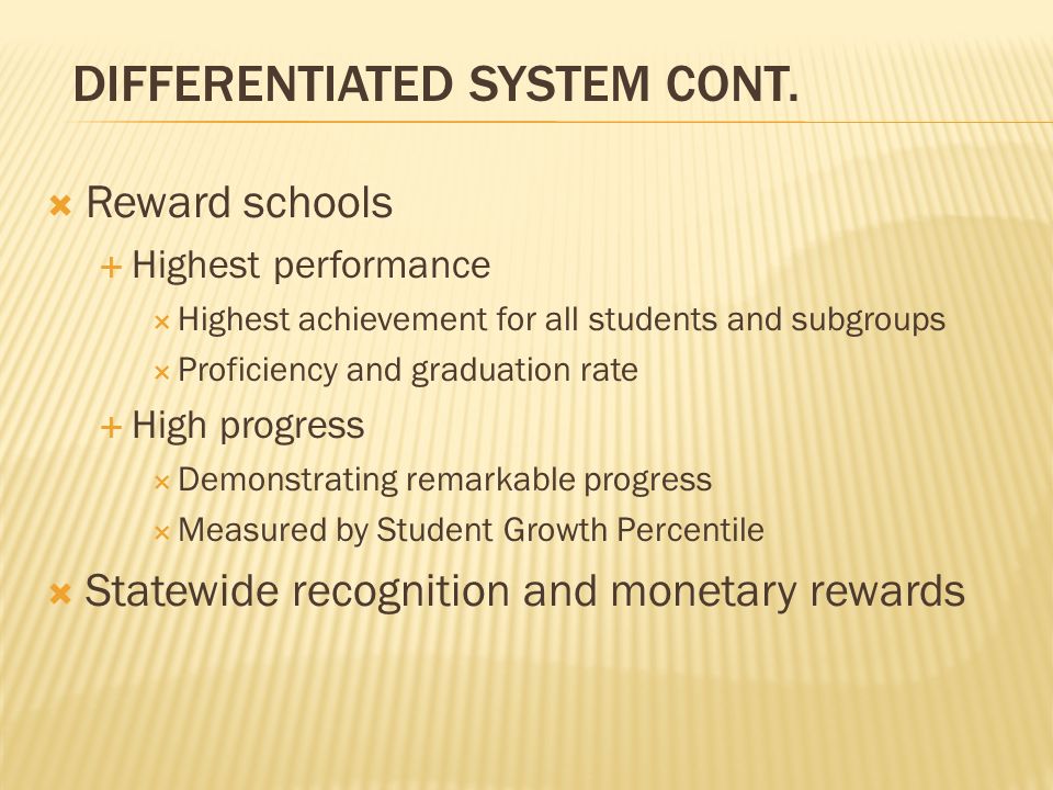 Reward schools Highest performance Highest achievement for all students and subgroups Proficiency and graduation rate High progress Demonstrating remarkable progress Measured by Student Growth Percentile Statewide recognition and monetary rewards DIFFERENTIATED SYSTEM CONT.