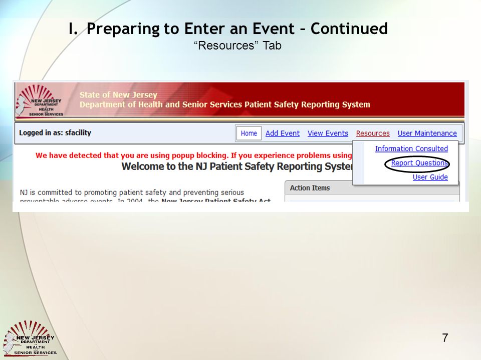 7 I.Preparing to Enter an Event – Continued Resources Tab