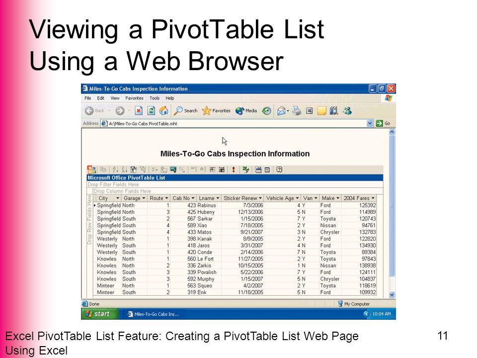 Excel PivotTable List Feature: Creating a PivotTable List Web Page Using Excel 11 Viewing a PivotTable List Using a Web Browser