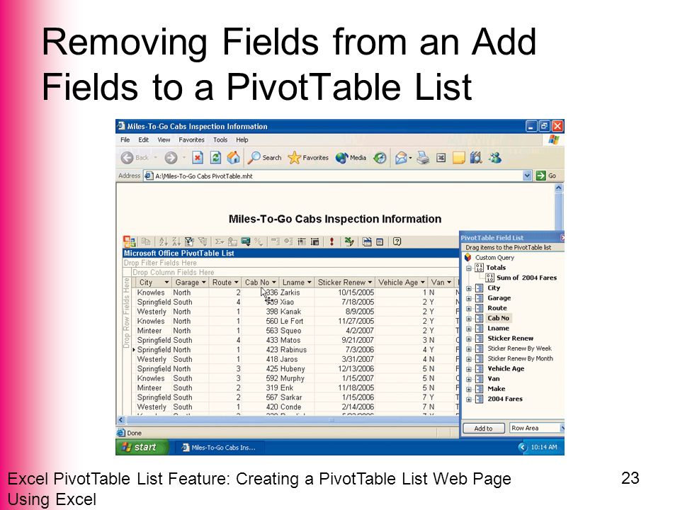 Excel PivotTable List Feature: Creating a PivotTable List Web Page Using Excel 23 Removing Fields from an Add Fields to a PivotTable List