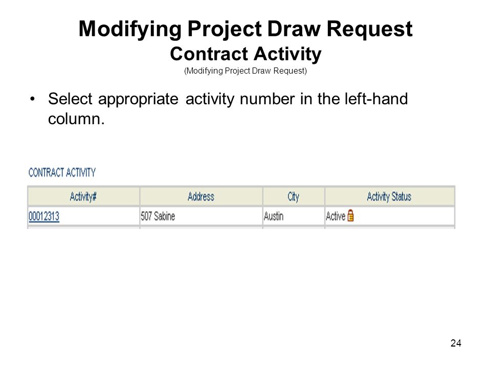 24 Modifying Project Draw Request Contract Activity (Modifying Project Draw Request) Select appropriate activity number in the left-hand column.