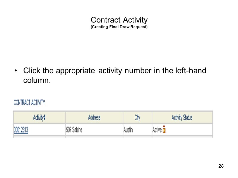28 Contract Activity (Creating Final Draw Request) Click the appropriate activity number in the left-hand column.
