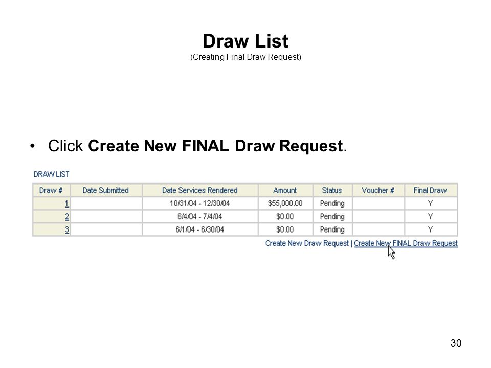30 Draw List (Creating Final Draw Request) Click Create New FINAL Draw Request.