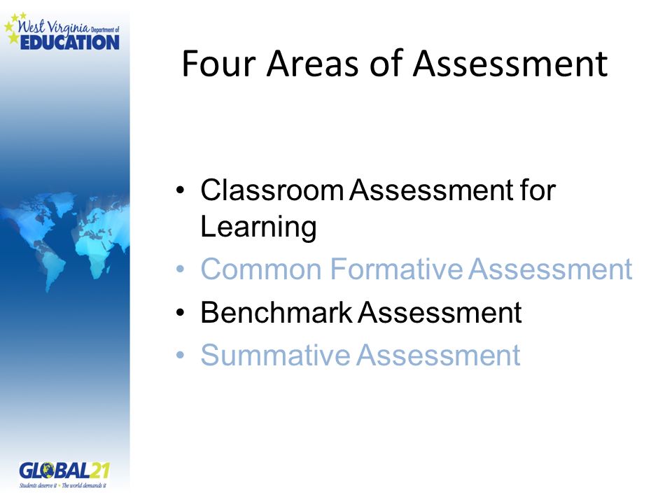 Four Areas of Assessment Classroom Assessment for Learning Common Formative Assessment Benchmark Assessment Summative Assessment