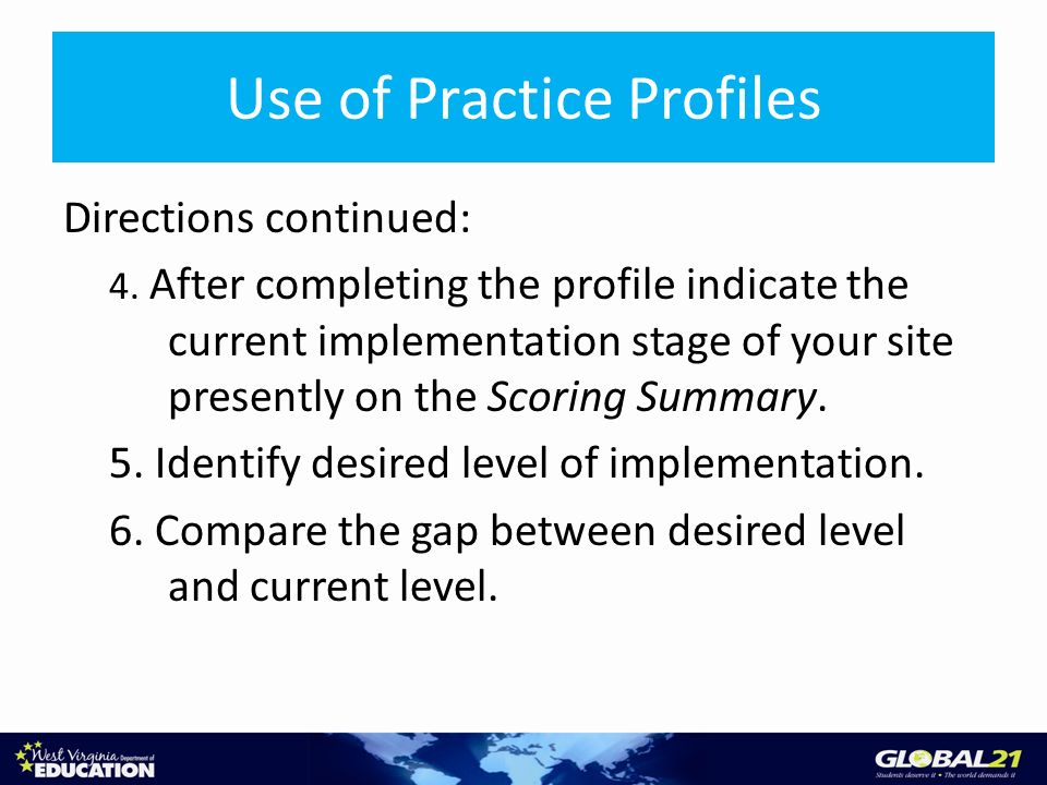 Use of Practice Profiles Directions continued: 4.