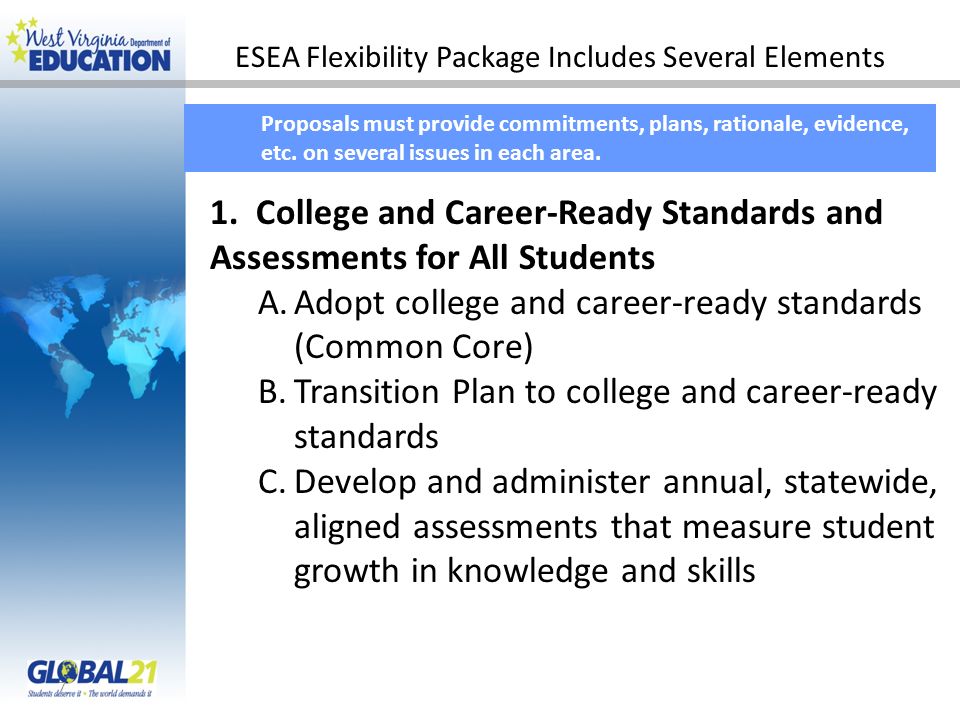 ESEA Flexibility Package Includes Several Elements 7 Proposals must provide commitments, plans, rationale, evidence, etc.