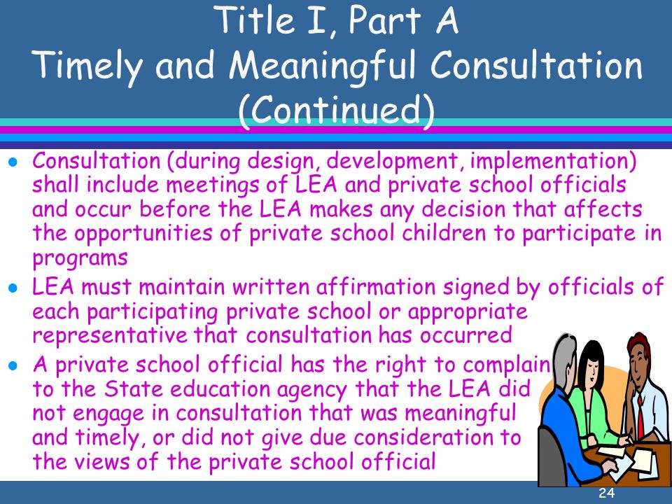 24 Title I, Part A Timely and Meaningful Consultation (Continued) l Consultation (during design, development, implementation) shall include meetings of LEA and private school officials and occur before the LEA makes any decision that affects the opportunities of private school children to participate in programs l LEA must maintain written affirmation signed by officials of each participating private school or appropriate representative that consultation has occurred l A private school official has the right to complain to the State education agency that the LEA did not engage in consultation that was meaningful and timely, or did not give due consideration to the views of the private school official